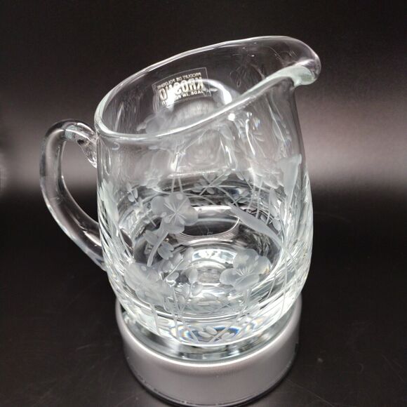 Krosno Hand Blown Etched Glass Creamer Applied Handle Floral Design Poland - Picture 4 of 10